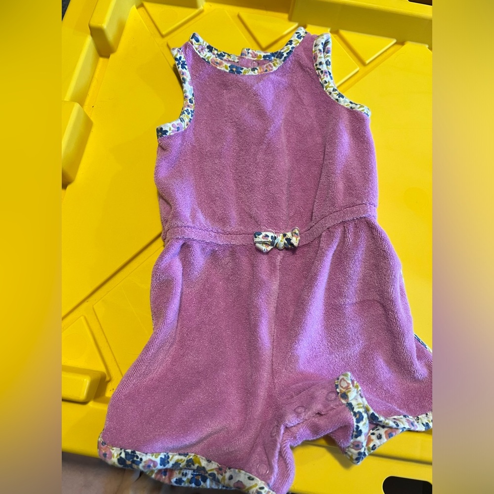 Purple Terry Cloth Romper with Floral Trim